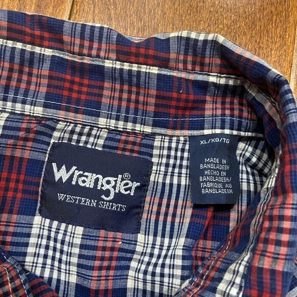 Wrangler Western Pearl Snap Plaid Red Blue Short Sleeve Shirt Men's Size XL - Picture 5 of 7